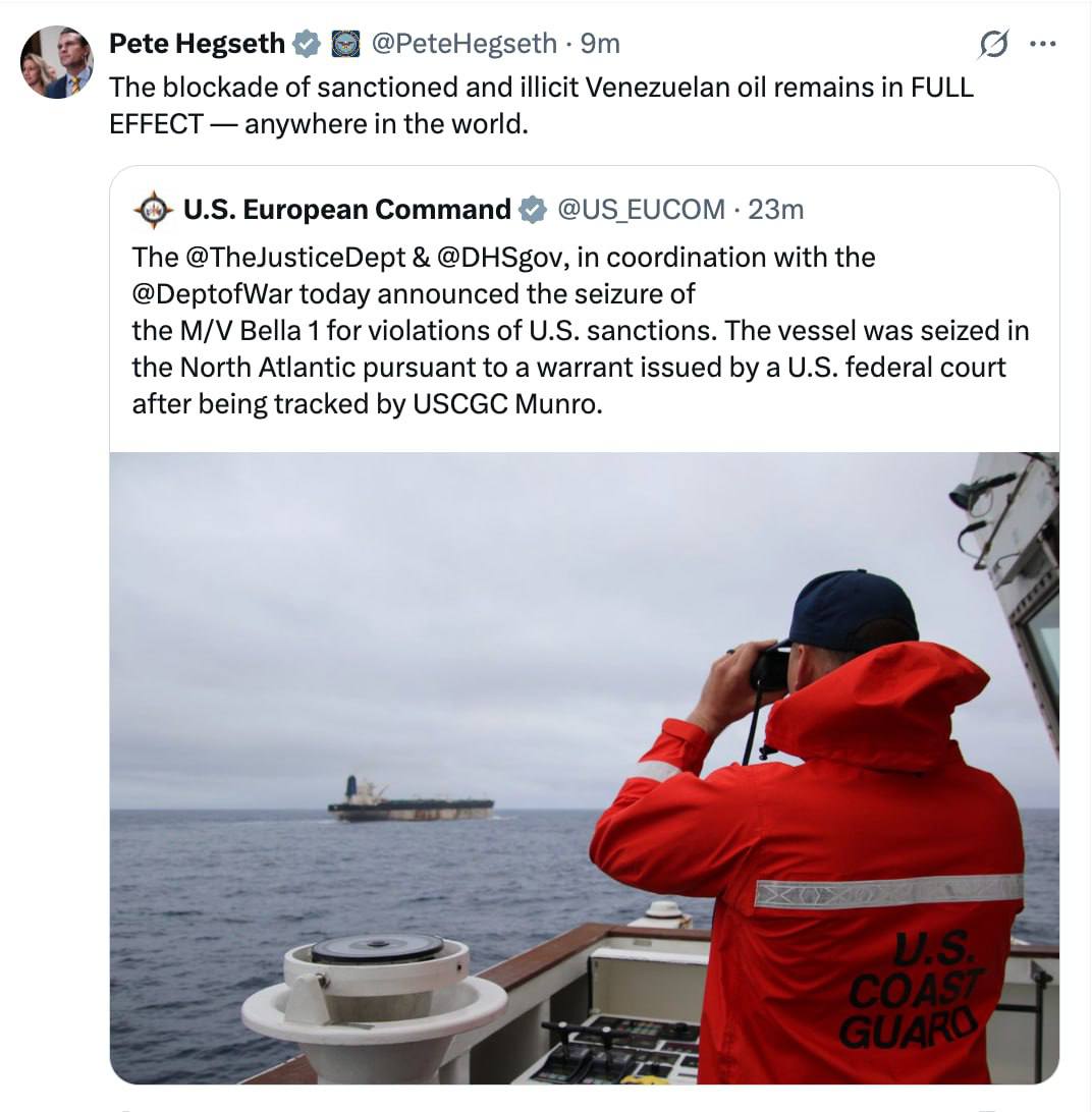 Minister_Prawdy's tweet photo. USA uprowadziły dziś kilka tankowców z ropą z Wenezueli, w tym tankowiec Bella1 pod rosyjską banderą.
Robi się coraz ciekawiej. https://t.co/KVaajadMQ8
