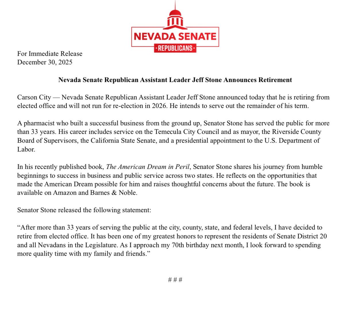 We are thrilled to announce Senator <a href="/senatorrogich/">Lori Rogich</a> as our Assistant Leader!

"I am very honored by the trust my colleagues have placed in me," said Sen. Lori Rogich.

Senator <a href="/JeffStoneNV/">Jeff Stone</a> is retiring at the end of his term after more than three decades of public service. 

#nvleg