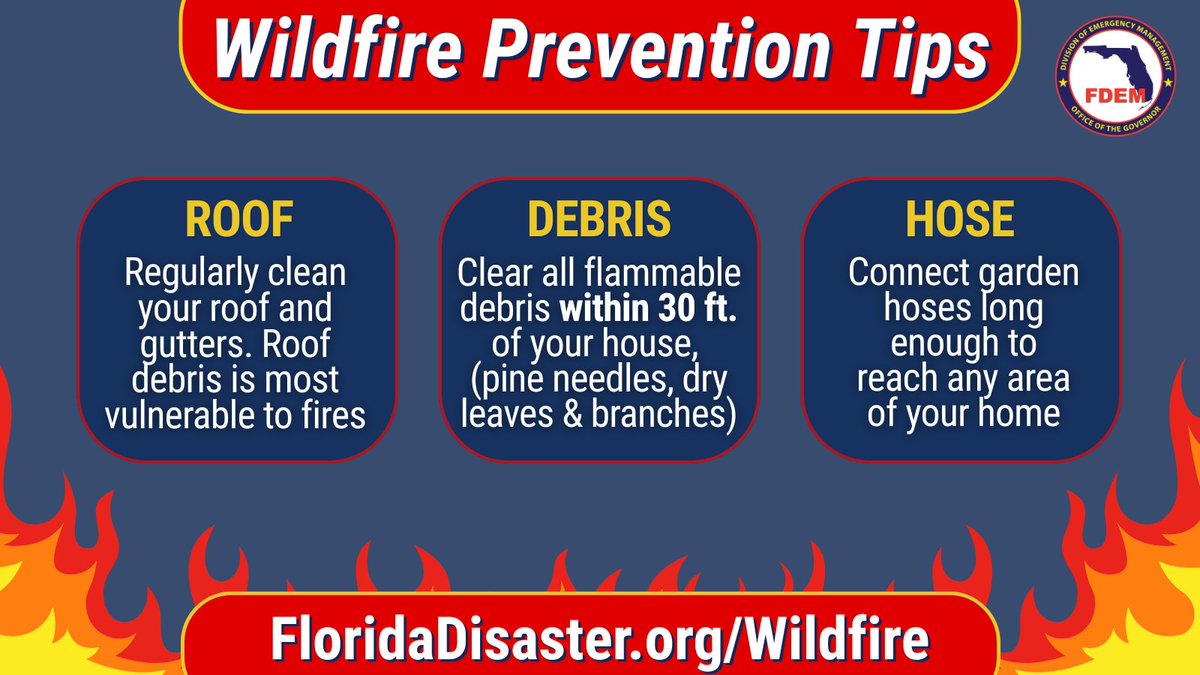 🔥 Wildfire season continues as severe weather season ramps up, with dry conditions expected over the next few days. 

Take steps now to protect your home &amp; minimize damage from an unexpected wildfire.

➡️ Learn more at FloridaDisaster.org/Wildfire.