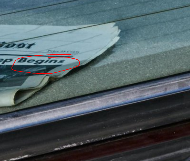 sorcererbyler's tweet photo. "begins" it is wrote down in the newspaper as a title.

steve's baseball bat still on his car's trunk and the bat has NOT been used (steve played BASKETBALL)

the 9 on the door. there's a 9 on the GATE.

#conformitygate https://t.co/fdM8sZ9Bze