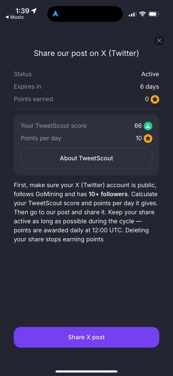 ConnorJeffery13's tweet photo. My @TweetscoutApp score jumped to 66 and I’m finally getting 10 points per day 🤙 
#crypto #Bitcoin #GoMining https://t.co/mdTeeCcxND