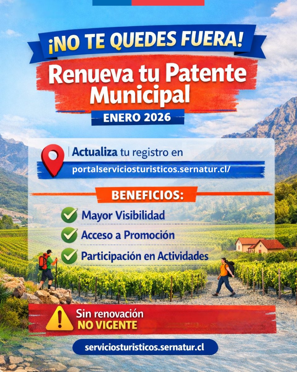 ✨Mantén tu registro actualizado en SERNATUR ✨
Estar al día es clave para cualquier servicio turístico.
Recuerda cargar tu patente municipal vigente 2026 y actualizar tus antecedentes en el portal. Es rápido y muy sencillo:
👉 Ingresa a tu sesión en: portalserviciosturisticos.sernatur.cl 💻