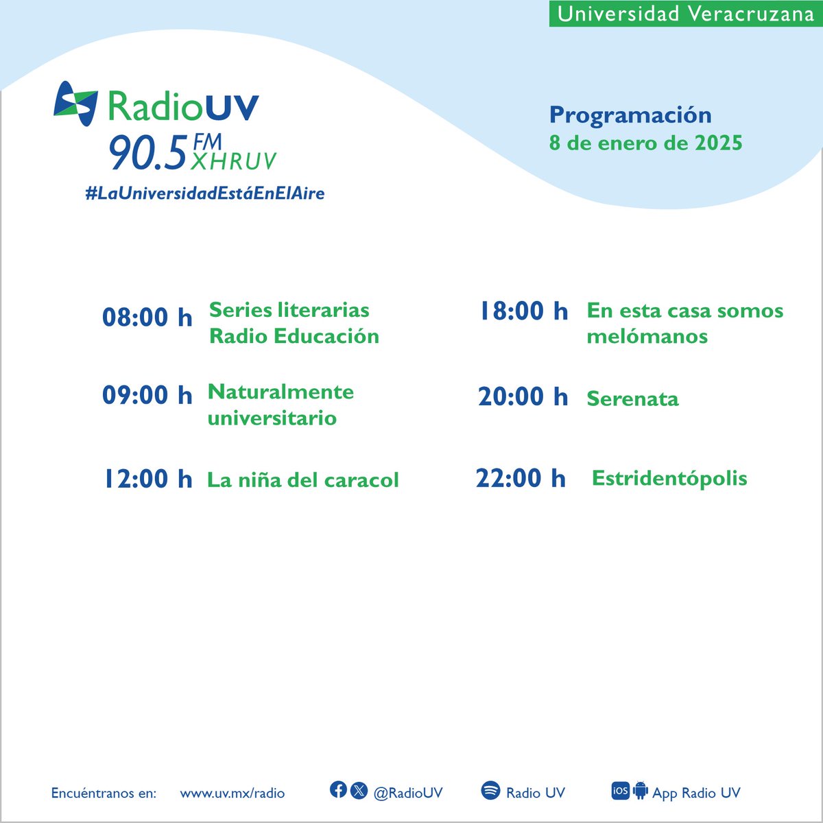 RadioUV's tweet photo. ¿Qué suena por #RadioUV los jueves?
Consulta nuestra programación y disfruta el contenido que hemos preparado para ti. 

Escuchanos en: 90.5 FM | https://t.co/WfczY0SCG5 https://t.co/2teXDeVLVJ