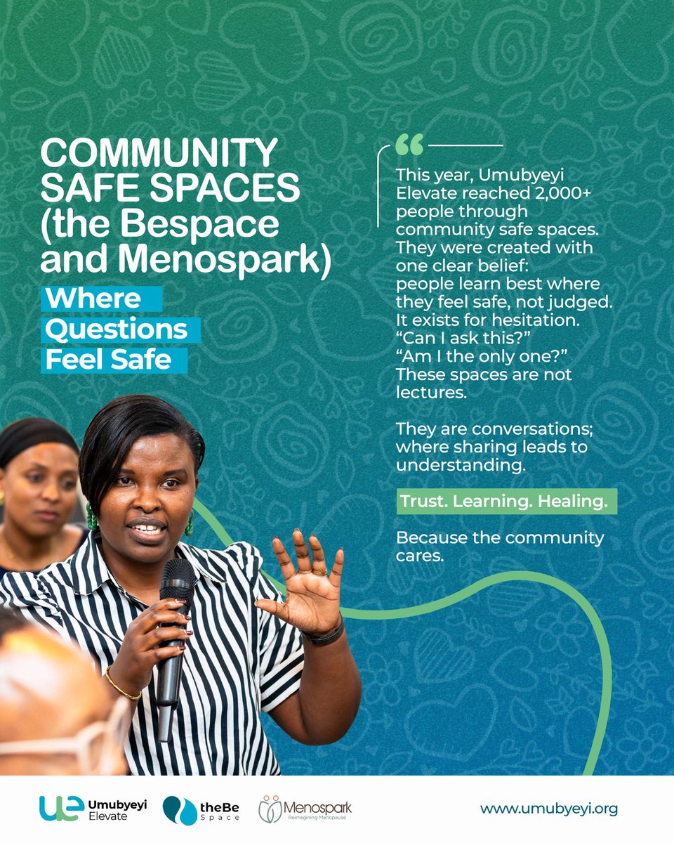 umubyeyi_rw's tweet photo. Where questions are welcomed and voices are heard.

This year, Umubyeyi Elevate reached over 2,000 people through community safe spaces #theBeSpace and #Menospark; built on one simple belief: people learn best where they feel safe, not judged.

These spaces exist for the quiet hesitations:
“Can I ask this?”
“Am I the only one?”

They are not lectures.
They are conversations ; where sharing leads to understanding, trust, and healing.

Because when communities care, learning becomes collective and health becomes human.

#CommunitySafeSpaces #TrustLearningHealing #healthliteracy