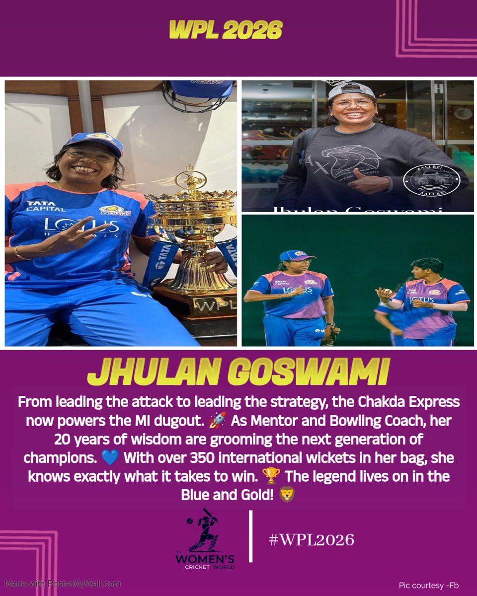 Thewomencricke1's tweet photo. From the 22 yards to the MI dugout—The Legend continues. 💙🧢
As Team Mentor and Bowling Coach, Jhulan Goswami is the backbone of the Mumbai Indians' winning mindset. Guidance from the greatest to ever do it! 🏆🔥
#MumbaiIndians #JhulanGoswami #WPL2026 #ChakdaExpress #AaliRe https://t.co/G6GQ9hhYdc