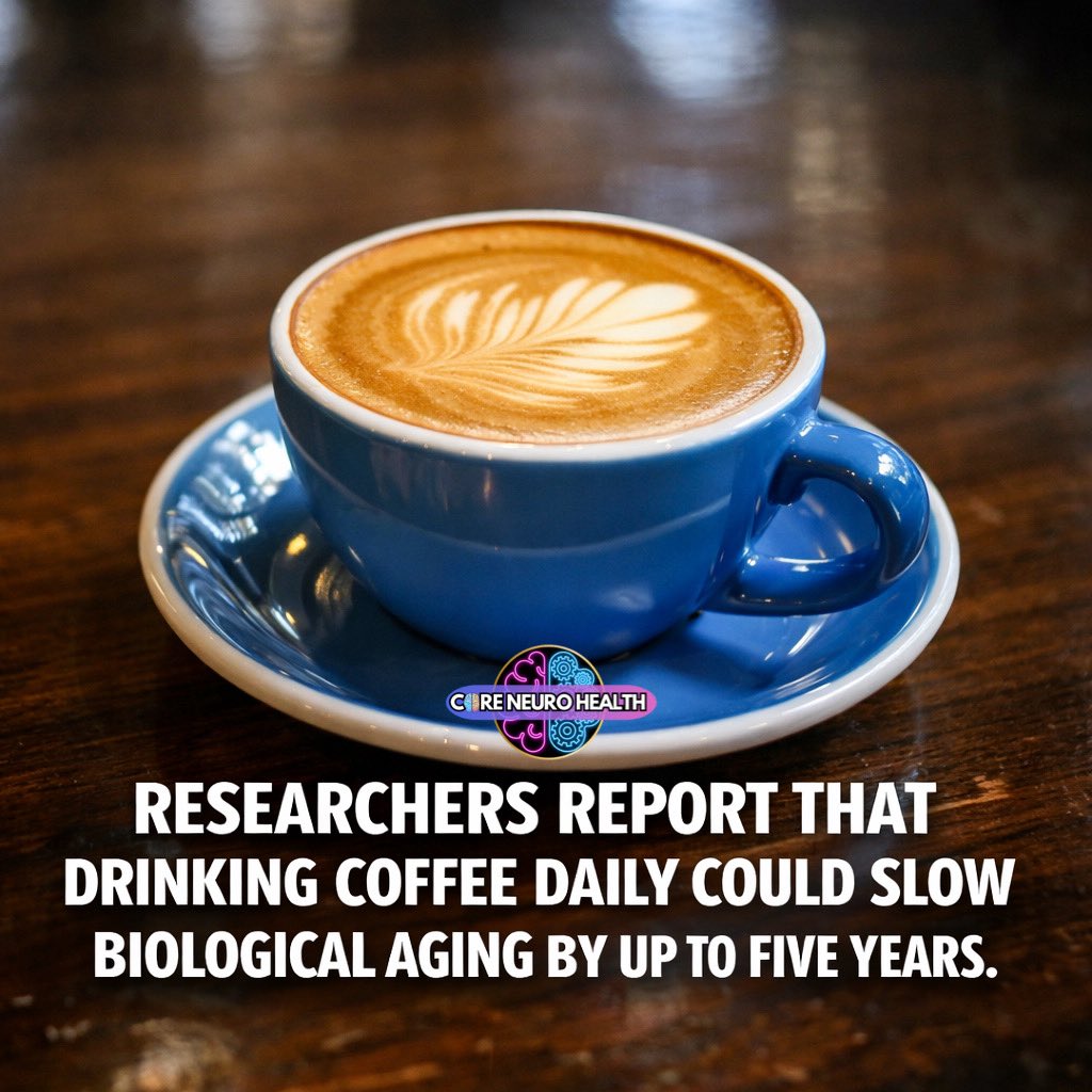 CoreNeuroHealth's tweet image. Research suggests that regular coffee consumption is associated with markers of slower biological aging, potentially linked to its effects on metabolism, inflammation, and cellular health.