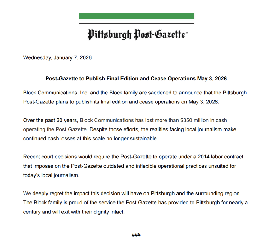 ScottNover's tweet image. The Pittsburgh Post-Gazette is shutting down.