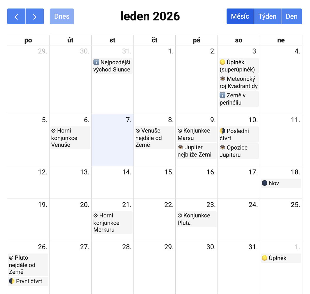 🧵1/3: Se začátkem roku jsem opět aktualizoval sdílený český kalendář nebeských úkazů – jantichy.cz/ukazy. Najdete v něm všechny klíčové úkazy pro celý rok. A to včetně ikonky s viditelností a hlavně včetně textu popisujícího podrobněji daný úkaz v detailu většiny událostí.