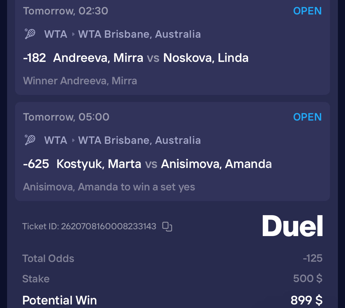 Free play, tail or fade BOL🌟

Andreeva/Anisimova +1.5s -125 5u 🚨