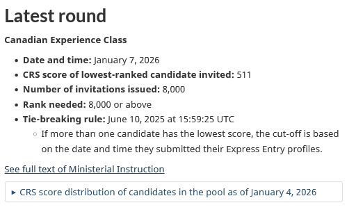 TTRRMK's tweet image. Express Entry Draw - January 7, 2026 - Canadian Experience Class Only - 8,000 candidates eligible under #CEC with #CRS scores of 511+ were invited to apply for permanent residence #cndimm #PR #ITA canada.ca/en/immigration…