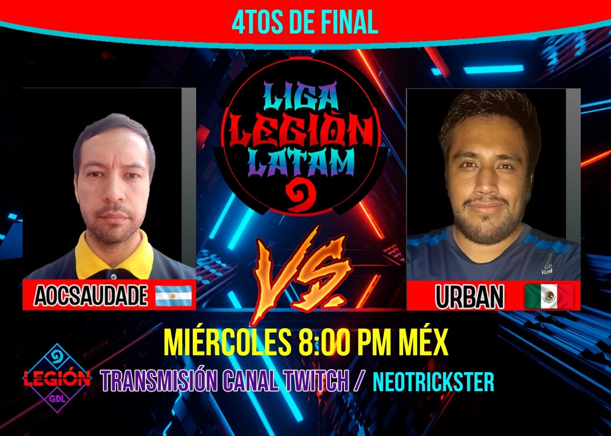 🔥 ¡Llegó el momento de los cuartos de final! 🔥  
Esta noche viviremos un duelo épico entre dos titanes del Hearthstone:  
🇦🇷 AoCsaudade vs Urban 🇲🇽  

Sólo uno avanzará a las semifinales del sábado… ¿quién será?  
🕗 Te esperamos hoy a las 8 PM en Twitch.tv/Neotrickster