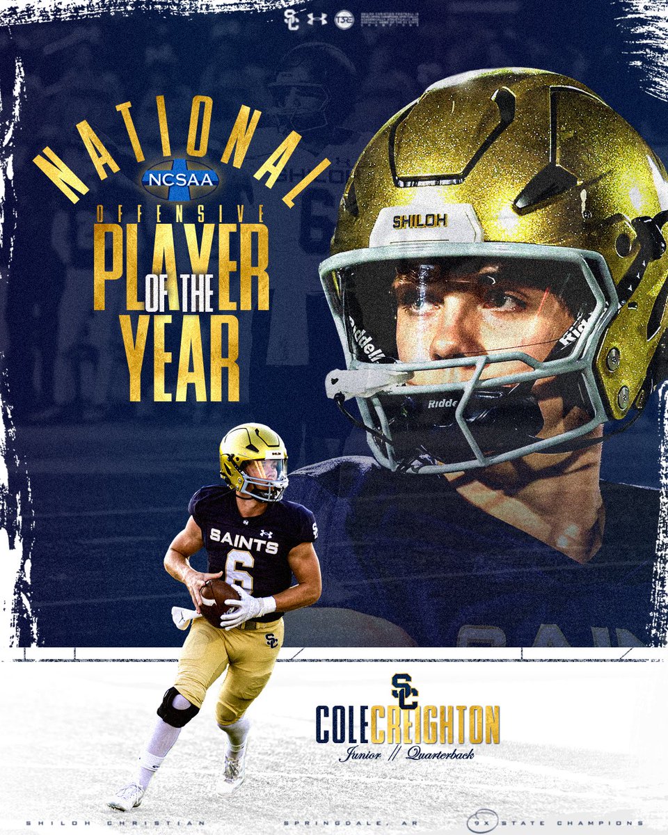 ShilohSaintsFB's tweet image. 𝙉𝙖𝙩𝙞𝙤𝙣𝙖𝙡 𝙊𝙛𝙛𝙚𝙣𝙨𝙞𝙫𝙚 𝙋𝙡𝙖𝙮𝙚𝙧 𝙤𝙛 𝙩𝙝𝙚 𝙔𝙚𝙖𝙧

Junior Quarterback Cole Creighton @colecreighton9 has been named the best offensive football player in America among Christian schools by the NCSAA.

#GoSaints | #T3RE