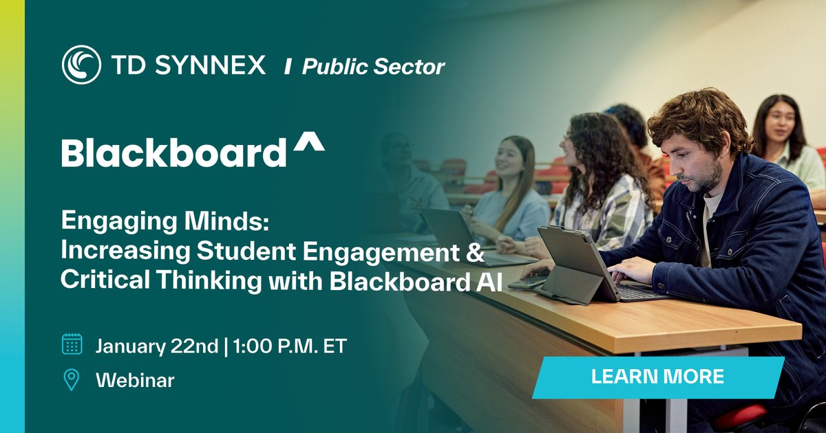 TD_SYNNEX_PS's tweet image. Join us on January 22 at 1:00 P.M. ET for Engaging Minds: Increasing Student Engagement &amp;amp; Critical Thinking with @AnthologyInc #AI Conversations. This session shows how faculty can use AI inside #Blackboard to move #students past surface-level answers and into meaningful inquiry.