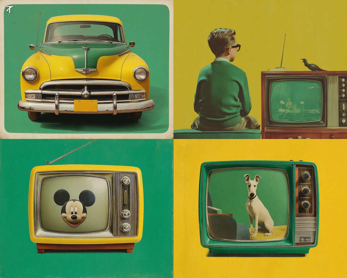 This style emphasizes a clean retro aesthetic characterized by bold colors and vintage objects, creating a playful mid-century mood.