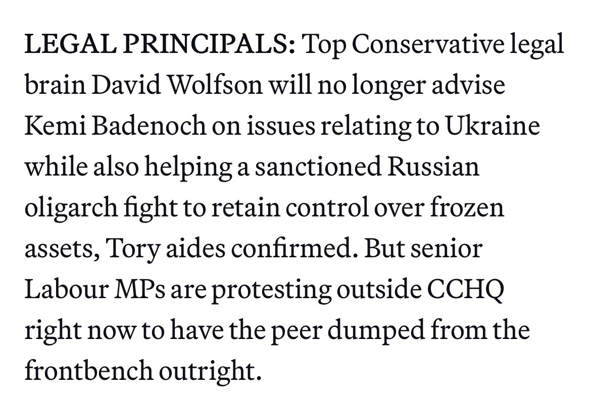 The concept of the Shadow Attorney General having to get up and leave a Shadow Cabinet meeting whenever Ukraine is discussed because if may represent a conflict of interest in his (non cab rank rule) defence of a Russian oligarch