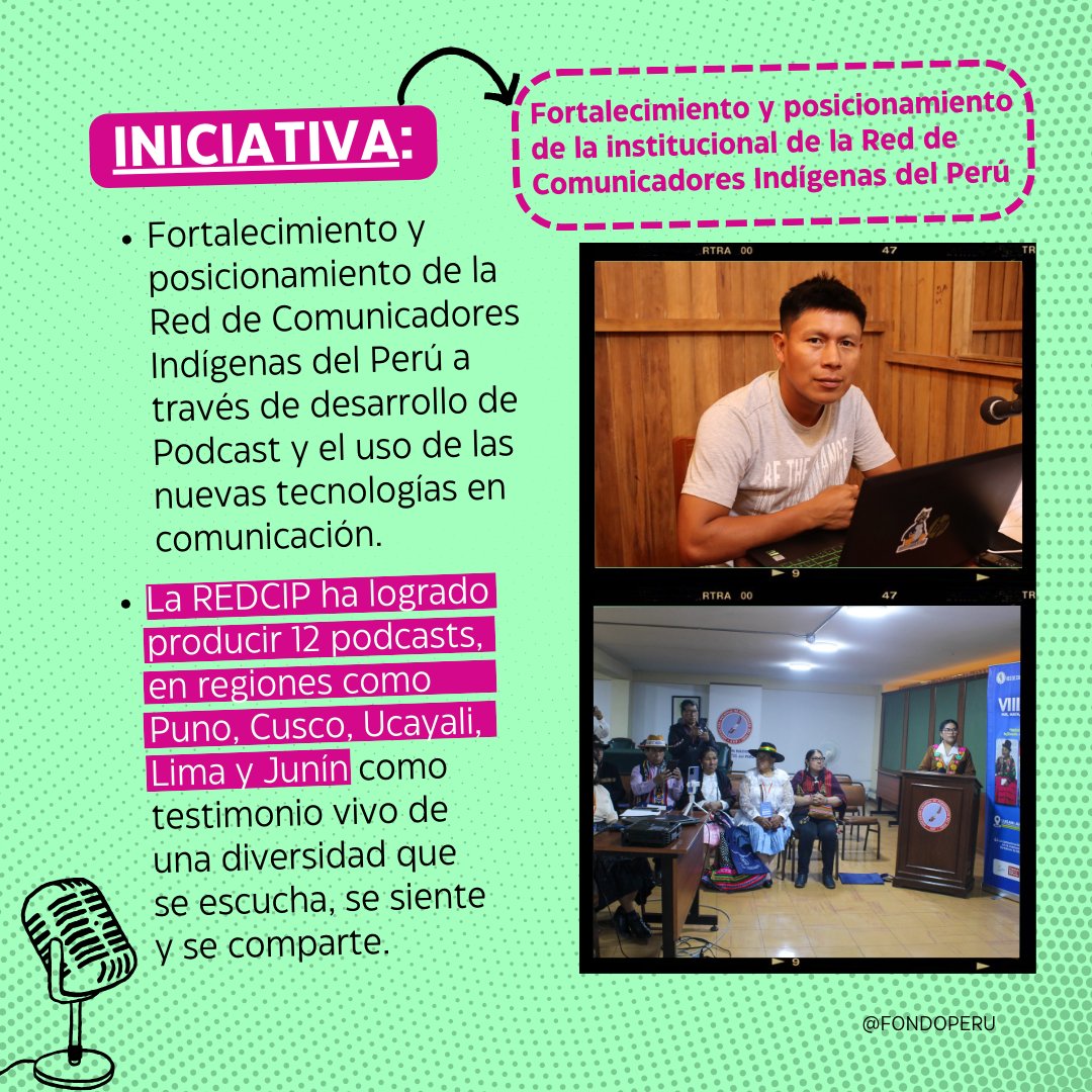 PeruFondo's tweet photo. #ProyectosQueHacenHistoria 🎙️🌿
La Red de Comunicadores Indígenas del Perú fortalece su institucionalidad y su presencia pública a través de podcasts producidos en Puno, Cusco, Ucayali, Lima y Junín.
#FSP https://t.co/eBSkpI3UzP