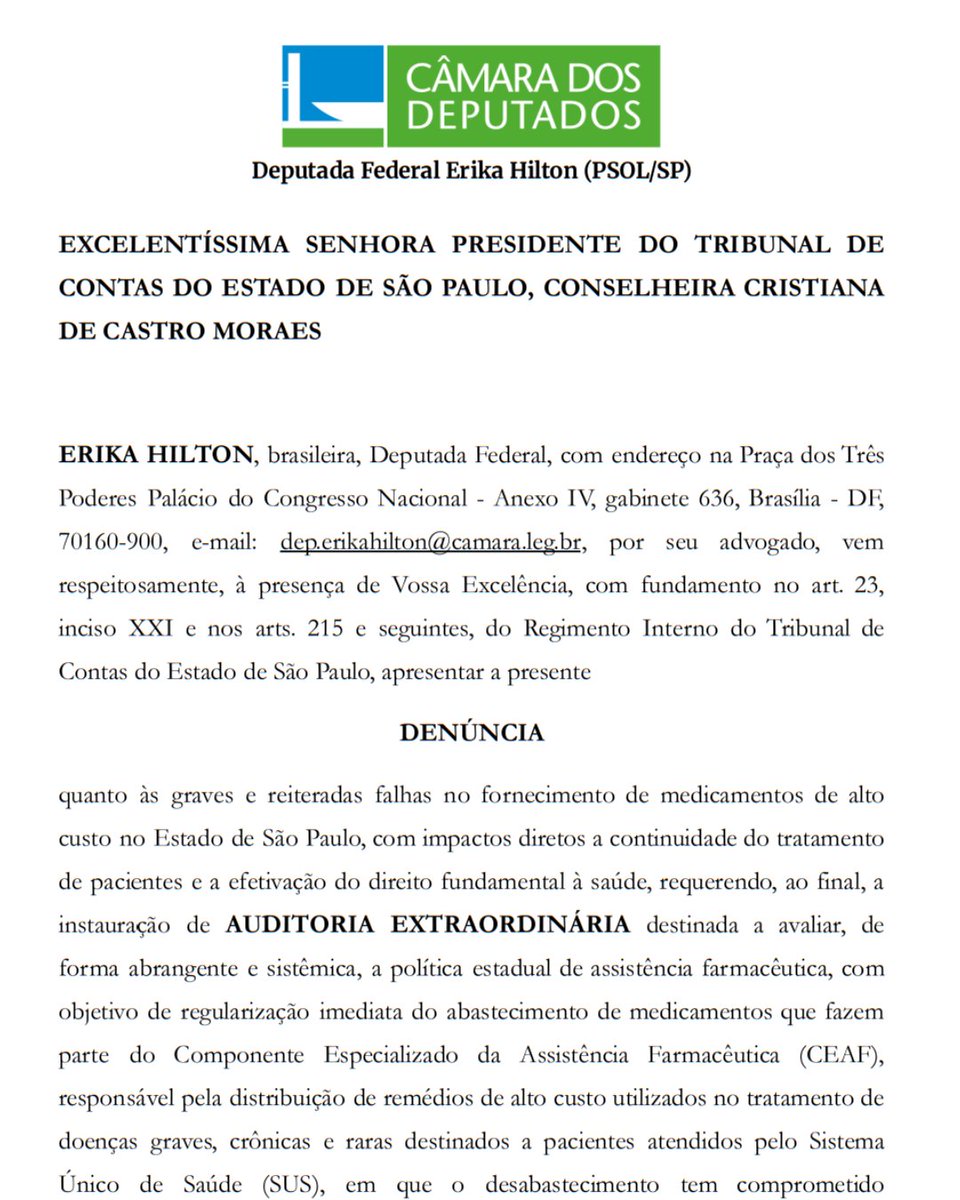 🚨 CADÊ OS REMÉDIOS, TARCÍSIO?

Acabo de denunciar o governo Tarcísio de Freitas ao Tribunal de Contas do Estado.

Tarcísio simplesmente ABANDONOU o fornecimento de medicamentos para pacientes do interior paulista.

São remédios usados no tratamento de câncer, diabete, Alzheimer,