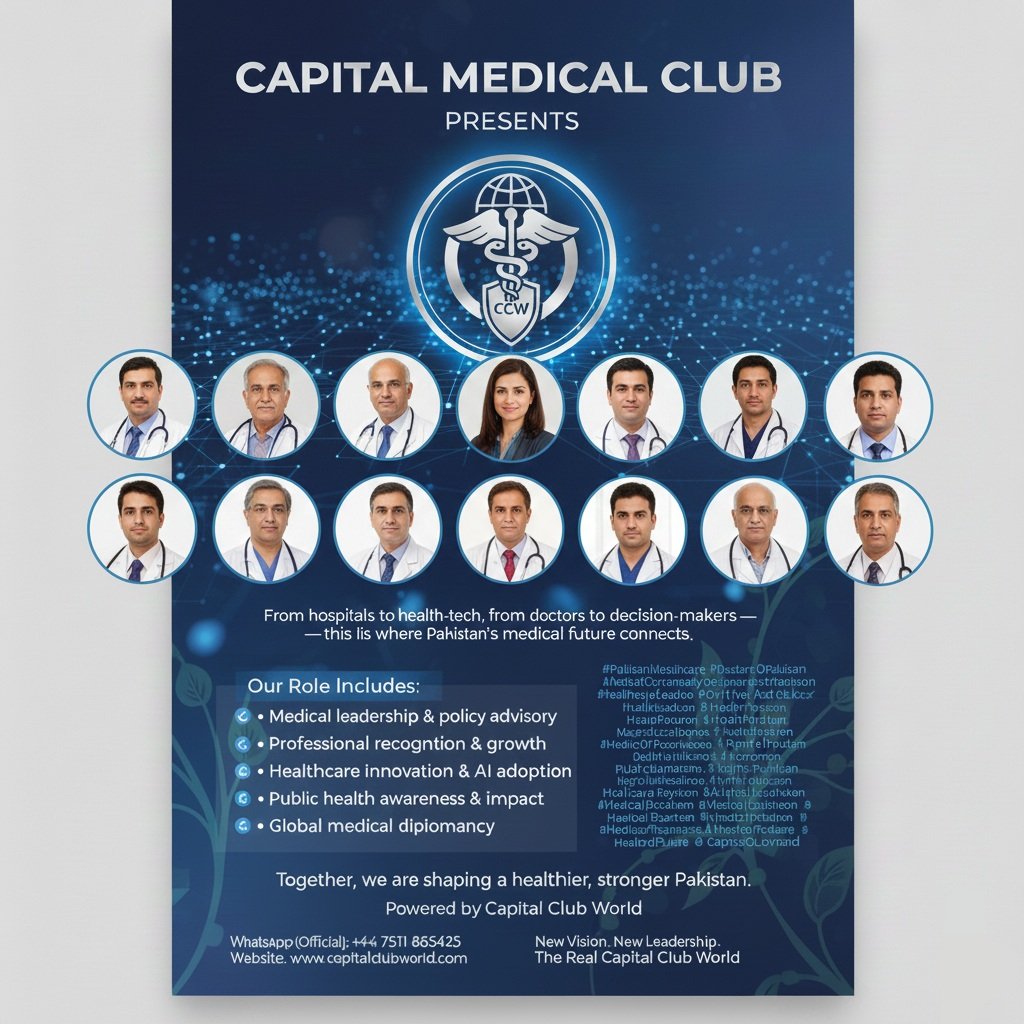 capitalclubpk's tweet image. Capital Medical Club

Presents

Capital Club World Medical Role

Defining the Future of Healthcare Leadership in Pakistan

#PakistanHealthcare
#DoctorsOfPakistan
#MedicalCommunityPakistan
#HealthcareLeaders
#CapitalMedicalClub
#CCWMedicalRole
#HealthPakistan
#MedicalExcellence