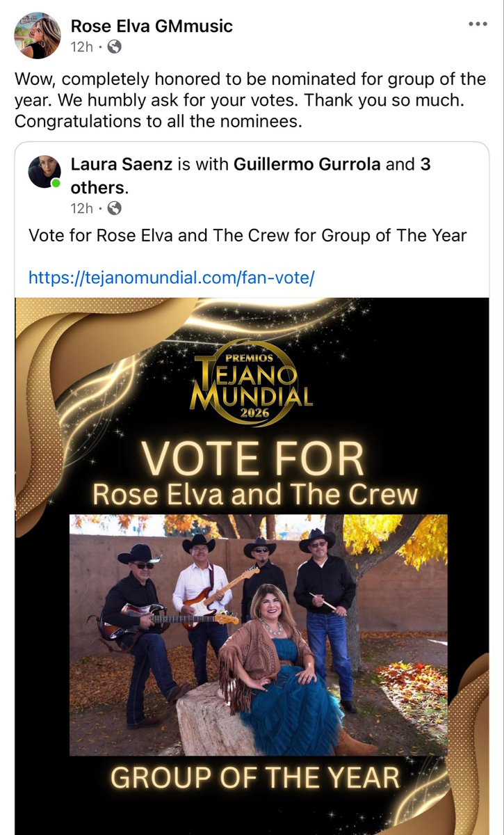 elva_crew's tweet photo. We Rose Elva And The Crew are completely honored to be nominated for Group of The Year. We humbly ask for your votes  we thank you for supporting our original music. 
To vote click on this link 
https://t.co/Fx18smn2EC 
We appreciate your support https://t.co/QqjnOL7dnK