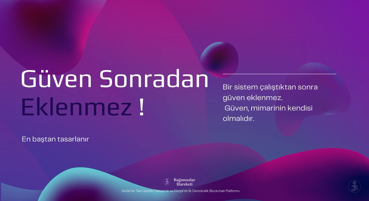 bagimsizlar_tc's tweet photo. Güven,
bir sistem çalıştıktan sonra
eklenen bir özellik değildir.
Eğer en baştan tasarlanmamışsa,
sonradan vaatle kurulamaz.
Güven, mimarinin kendisi olmalıdır.
#DijitalGüven
#SistemTasarımı
#BağımsızlarHareketi
#guva https://t.co/zUHUGJsxI8