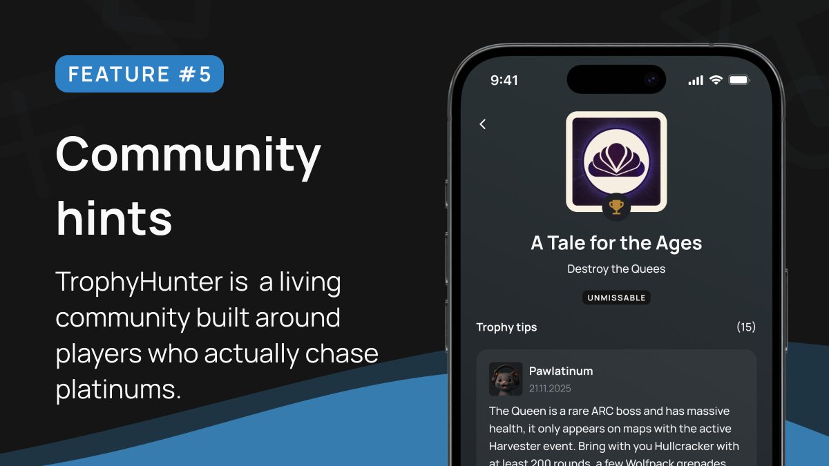 TrophyHunterapp's tweet photo. Community hints
TrophyHunter is a living community built around players who actually chase platinums. 
Alongside our written tips, every trophy opens the door for players to share their own strategies, shortcuts, and discoveries. https://t.co/EmkW7ZhtF5