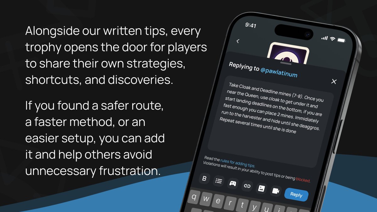 TrophyHunterapp's tweet photo. Community hints
TrophyHunter is a living community built around players who actually chase platinums. 
Alongside our written tips, every trophy opens the door for players to share their own strategies, shortcuts, and discoveries. https://t.co/EmkW7ZhtF5