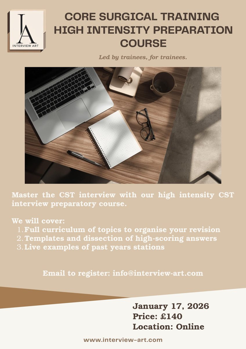 ASiTofficial's tweet photo. Applying for the CST Plastics Interview?

Full-Day Online Prep Course – January 15

✅ Core topics, structured answers & revision strategy

⭐ 4.7★ feedback | 🔁 35% rebooked for more sessions

💷 £140 | 📅 Saturday 17 January

🔗 Book now: info@interview-art.com

#CST #interviewprep #CoreSurgicalTraining #SurgicalTraining #SurgicalArt