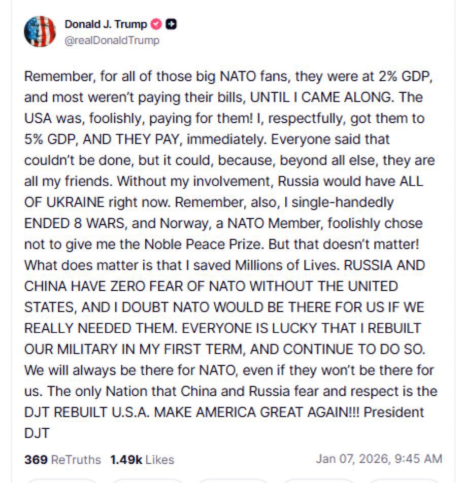Trump dice que “duda que la OTAN esté ahí si EEUU lo necesita”.

Quizá haya que recordarle que el artículo 5 del Tratado del Atlántico Norte se ha invocado una sola vez en la historia y ha sido por Estados Unidos tras el 11-S.

Los aliados respondieron. Reino Unido, Canadá,