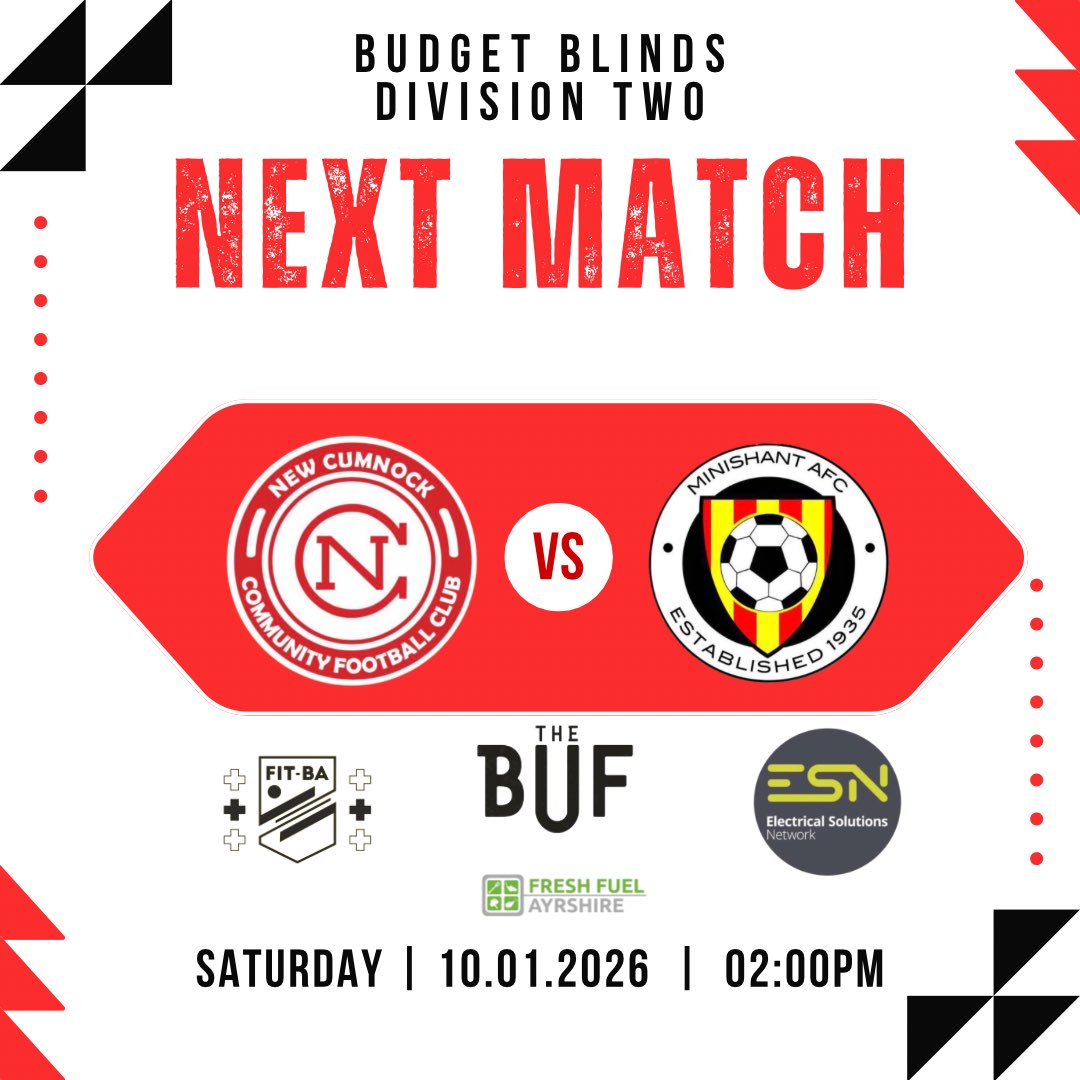 Here we go!🔥⚽ 

First game of 2026 and the The Shant are on their travels to take on New Cumnock CFC 

🏆Budget Blinds Division Two
🆚New Cumnock CFC
🗓️Saturday, 10 January 2036
📍Greenhead Park, New Cumnock, KA18 4AY
🕑14:00 Kick off 

All support welcome

🔴🟡MTS🔴🟡