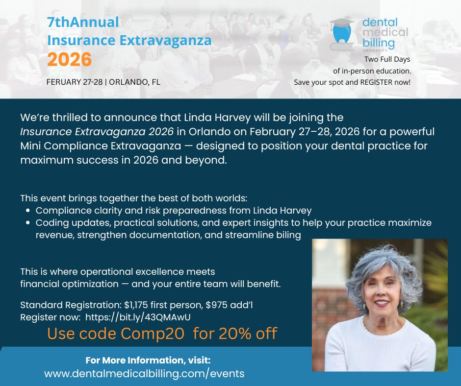 DCRMInstitute's tweet photo. Excited to share that Linda Harvey will lead a Mini Compliance Extravaganza at Insurance Extravaganza 2026 in Orlando! Strengthen compliance, boost documentation accuracy &amp; revenue in 2026. Use code Comp20 for 20% off: https://t.co/bBi9e4VNhU
 #DentalLeadership https://t.co/T2RmcKFC0V