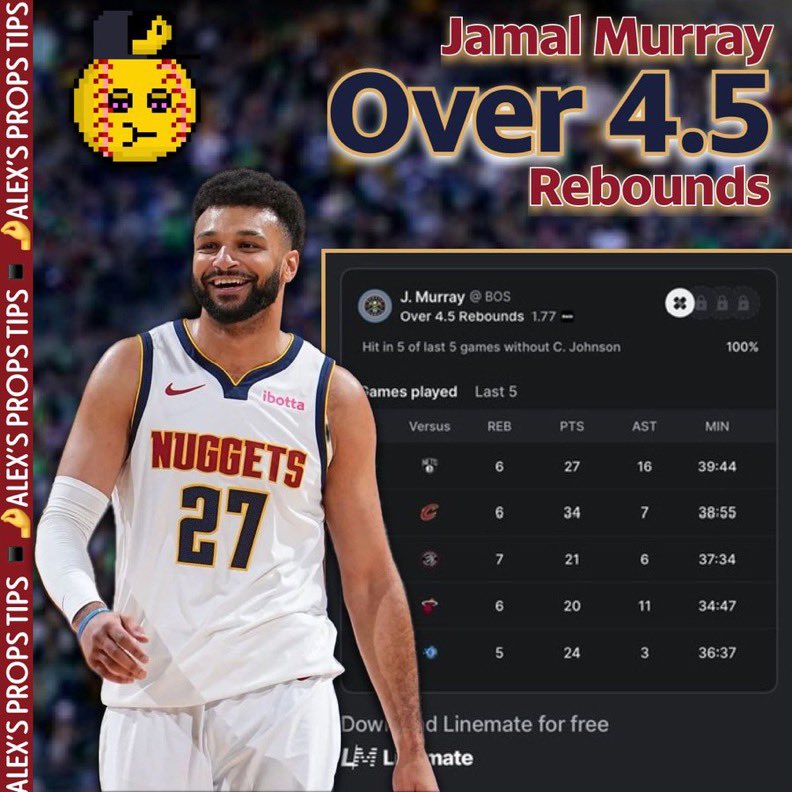 AlexpropsHQ's tweet photo. ⭐️FREE PICK #1⭐️(01/07)

🏀#MileHighBasketball  🆚 #DifferentHere  
🎯 J. Murray "O" 4.5 Rebounds
(-112)Novig

Research⤵️

Jamal Murray comes into this game with a statistical profile favorable to Over 4.5 rebounds. In his last ten games, he has averaged 5.1 rebounds, which is above the proposed line. The recent trend is very solid, with five consecutive games exceeding the threshold. His away performance further strengthens this statistic, with six out of six hits on the road. The rotation context also has a positive impact: without C. Johnson, Murray has covered the line five times out of five. Finally, against Boston, he has exceeded the over in three of the last four games. Overall, recent data convincingly supports the choice of Over 4.5 rebounds. 

📊 All Data is powered by @yourlinemate

#GamblingX |#NBA |#NBAx  |#DENvsBOS