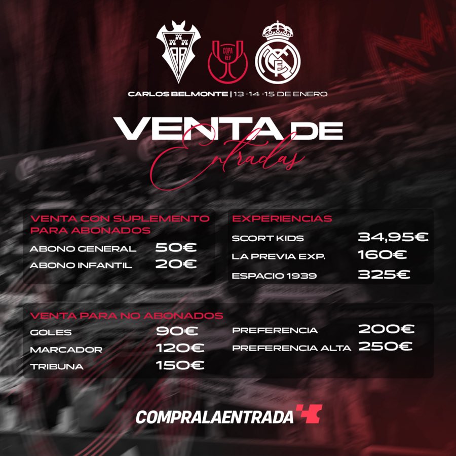 GolSinVAR's tweet photo. ❌ Oportunidad histórica perdida para el @AlbaceteBPSAD de hacer un guiño real a sus abonados.

50€ abonados / 90€ no abonados.

El abonarse en julio o aguantar la dura travesía por la Segunda B solo tiene una diferencia de 40€ con uno que solo quiera ver este partido. https://t.co/OEGteE6PPN