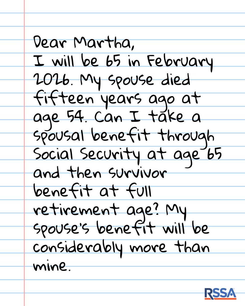 Martha clarifies that when a spouse passes away, you may be eligible for survivor benefits (not spousal benefits) and that you may have options when it comes to timing. Read Martha’s full response to learn what to consider before claiming.  rssa.com/ask-martha/spo…