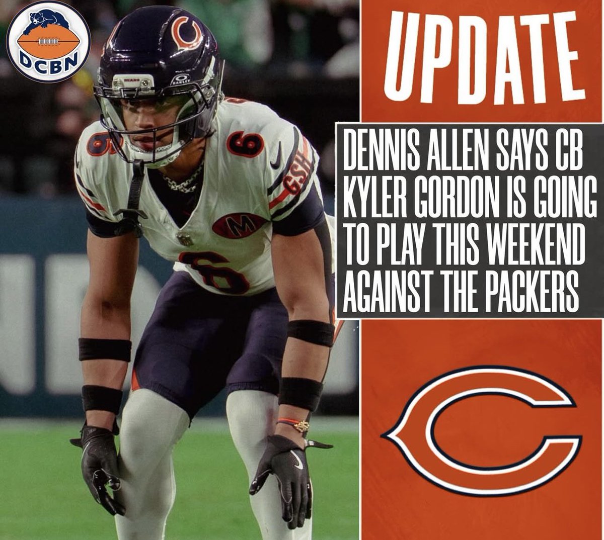 ChiBearsHistory's tweet image. Kyler Gordon is a GO for Saturday!!!