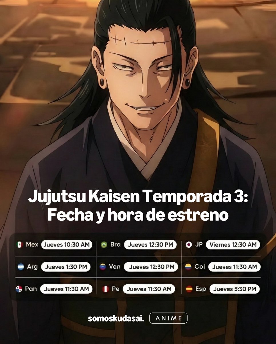【EL CULLING GAME YA TIENE HORA】
Se han revelado las FECHAS Y HORARIOS oficiales para el estreno de la TEMPORADA 3 de Jujutsu Kaisen en cada país. Nadie en Latinoamérica se quedará fuera del inicio del sangriento Viaje a la Extinción (Culling Game).