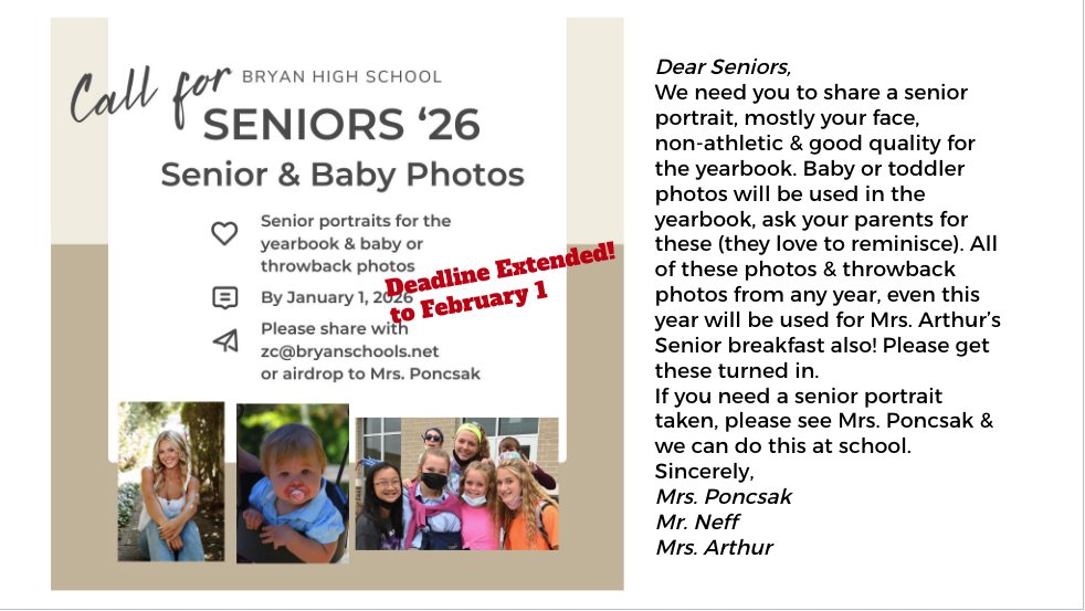 WE NEED PICTURES!!!
Pictures of the smiling faces of our seniors
Pictures of our seniors when they were little tikes
These are for the yearbook &amp; the senior slideshow
Send them zc@bryanschools.net
#BryanBuilt