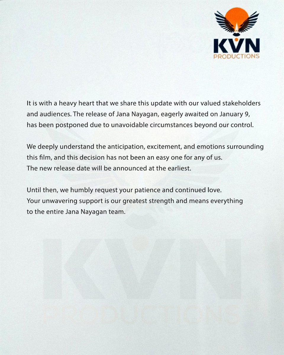 Ogreviewkar's tweet photo. Jana Nayagan Has Been Postponed &amp; New Date Will Be Announced Soon. https://t.co/leXMKlEfN0