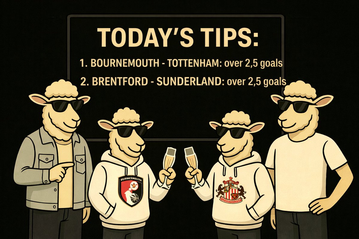 BadSheepSolana's tweet photo. Goals on the menu tonight 👀⚽
Bournemouth vs Spurs ➡️ Over 2.5
Brentford vs Sunderland ➡️ Over 2.5
The Bad Sheep Gang doesn’t guess — we follow the numbers. 📊🐑
#BadSheepGang #FootballTips #Over25Goals #Matchday #ValueBets https://t.co/fhUe6xjwln