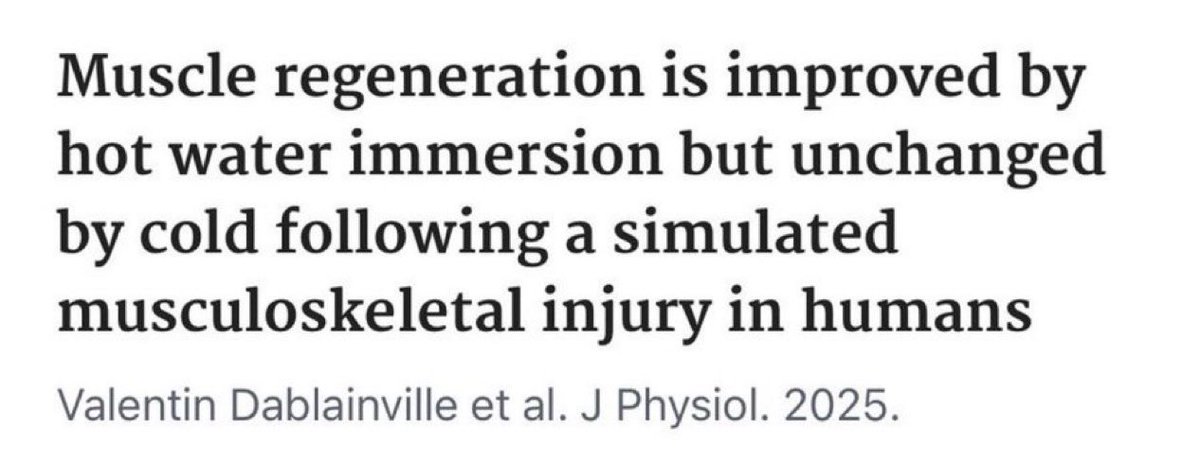 🥶 ¿Frío tras una lesión muscular? ❌
NUEVA EVIDENCIA: el calor gana.

🔥 Inmersión en agua caliente (42 °C, 60 min/día)
✅ ↓ Dolor
✅ ↓ Marcadores de daño muscular
✅ ↑ Proteínas regenerativas

🥶 Inmersión en frío (12 °C, 15 min/día)
❌ Sin beneficios claros

📌 Calor