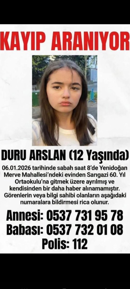 Duru Arslan, Sarıgazi’deki evinden okuluna gitmek üzere ayrılmış ve kendisinden bir daha haber alınamamış, Duru'yu bulalım çok geç olmadan <a href="/TC_istanbul/">TC İstanbul Valiliği</a> <a href="/istanbul_EGM/">İstanbul Emniyet Müdürlüğü</a> #DuruArslan #KAYIP