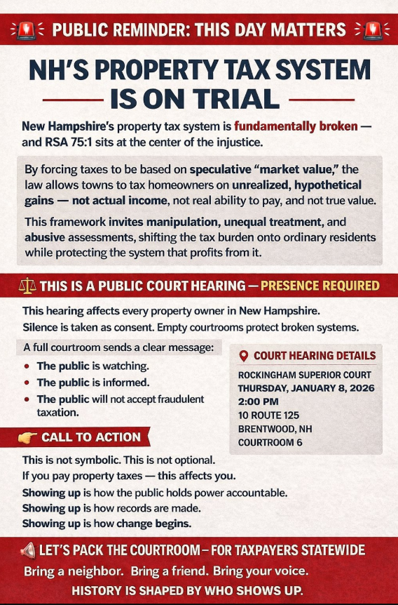 HTG03842's tweet photo. HEARING about #propertytaxes

Thurs 01-08-2026 at 2pm
Rockingham County Superior Court
10 Route 125
Brentwood, NH

Bring yourself, your family, friends, and neighbors.

https://t.co/aAWlfhXsFM

#nhpolitics #nhgov https://t.co/mY0t4G1wNO