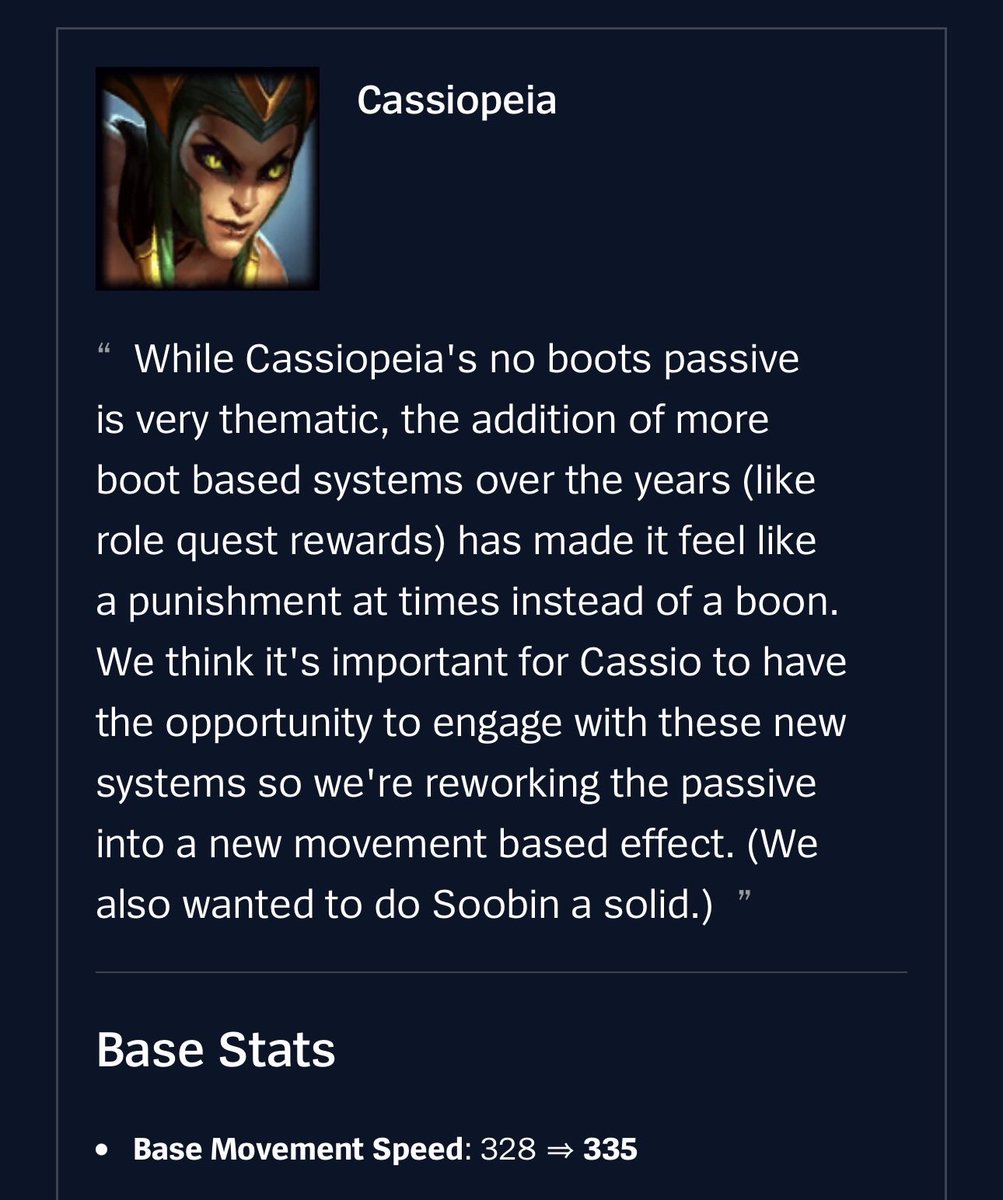 hueromin's tweet image. “We also wanted to do Soobin a solid.” On the official patch notes for the Cassiopeia buff 😭 ??