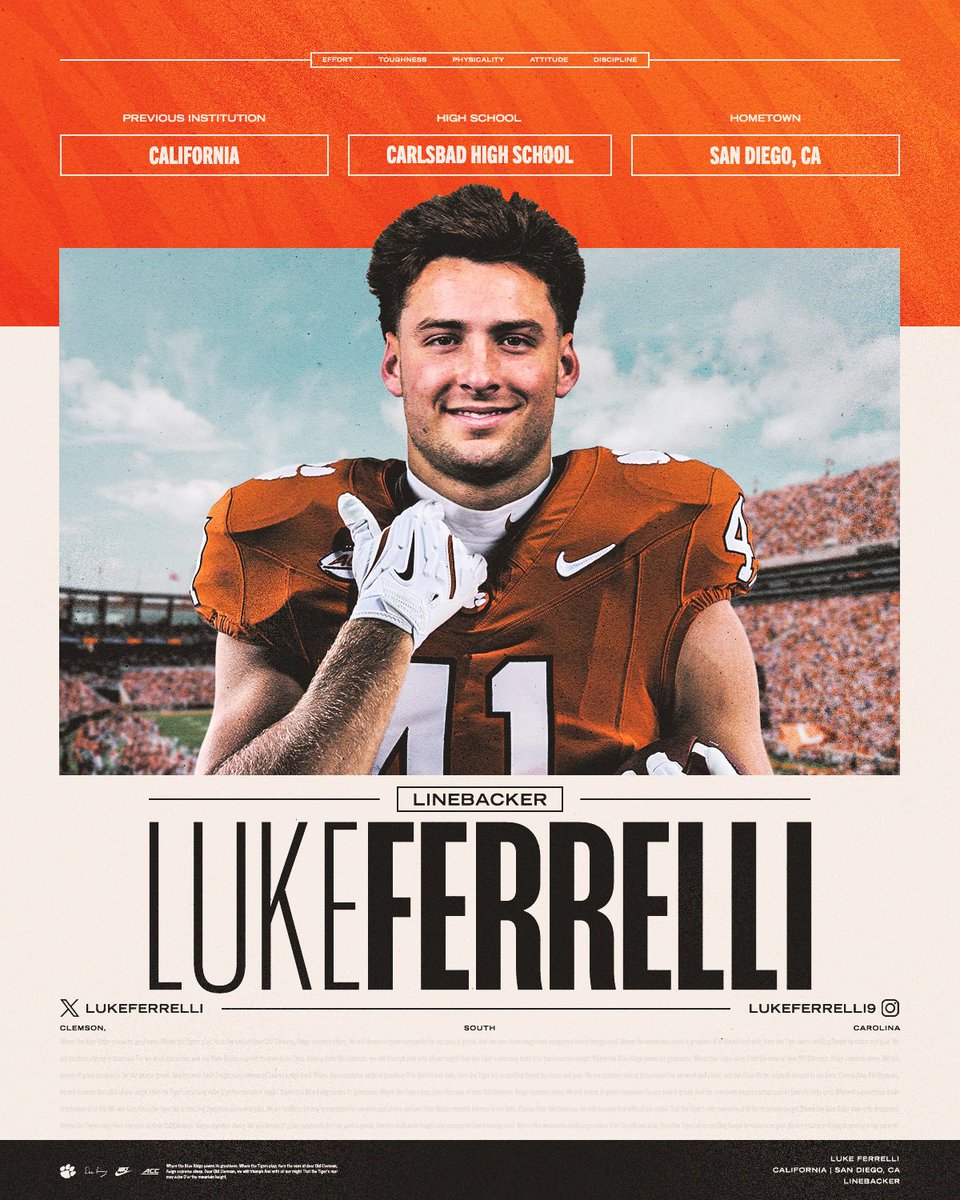 ClemsonFB's tweet image. The 2025 ACC Defensive Rookie of the Year is officially a Tiger. Welcome to the Clemson Family, @LukeFerrelli! 🐅 #ALLIN