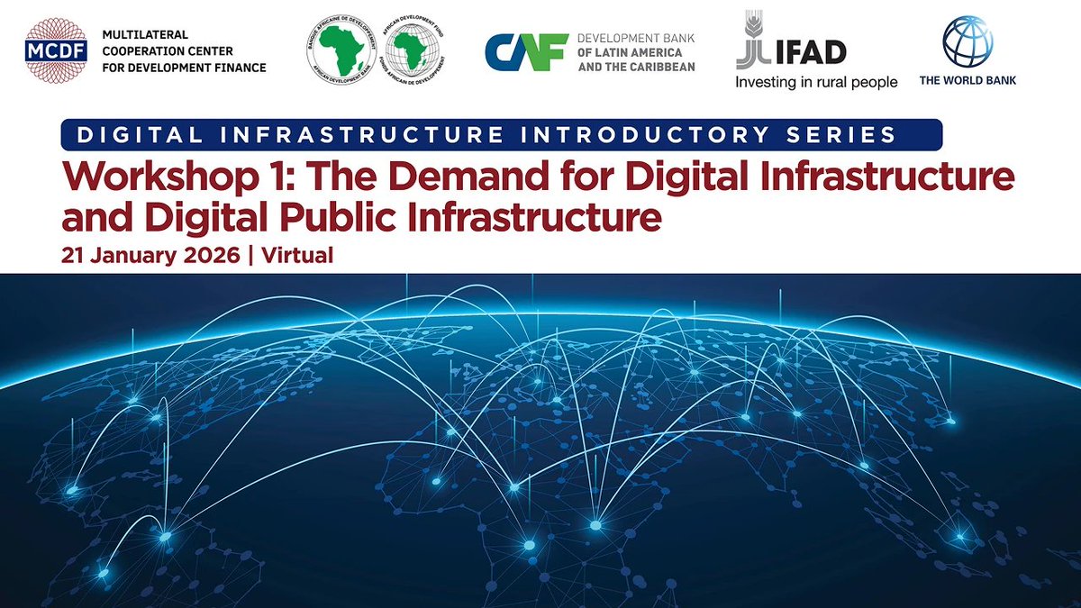 AgendaCAF's tweet photo. 🌐 Digital infrastructure is transforming economies and opening new paths for inclusive and sustainable development. As part of the Digital Infrastructure Introductory Workshop Series, jointly organized by MCDF, CAF, @AfDB_Group, @IFAD, and the @WorldBank Group, we invite you to join Workshop 1: The Demand for Digital Infrastructure and Digital Public Infrastructure.

Discover priorities, financing approaches, and real policy insights to strengthen digital development strategies.
📅 Jan 21, 2026 | Online
Register now 👉https://t.co/iDRpAAGi2n