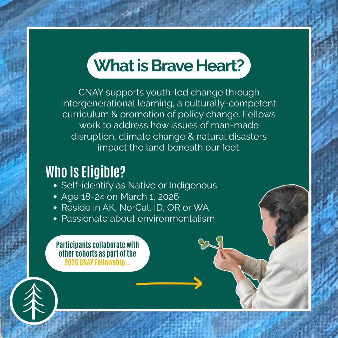 Center4Native's tweet image. CNAY Fellowship applications close in ONE WEEK! ⏳

If you're interested in joining the Brave Heart cohort - available to Native youth in the Pacific Northwest who are passionate about climate justice - learn more &amp;amp; apply by January 14!

Get started at the link in our bio 🔗