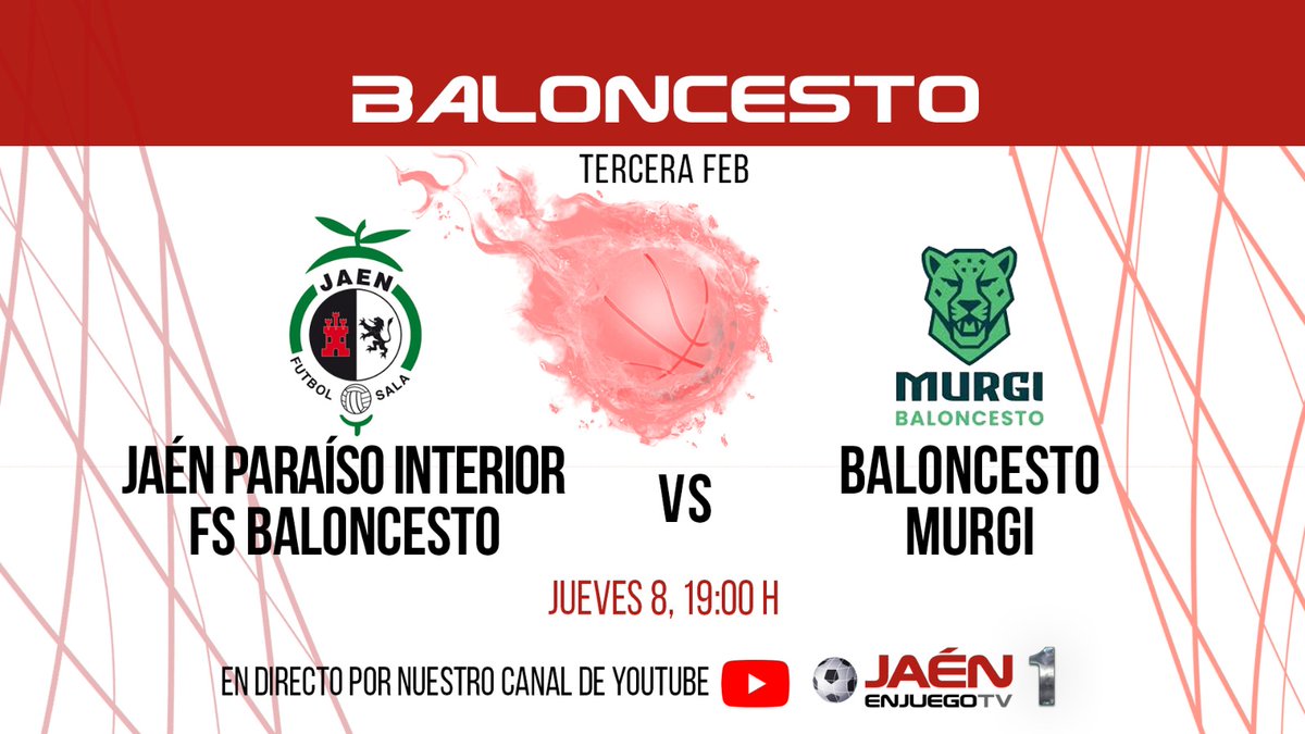 🚨RETRANSMISIÓN ‼

👉Este jueves, hay BALONCESTO en JaenEnJuego TV. El partido suspendido antes de navidades ya tiene fecha. 

➡El jueves, a las 19:00 horas, en directo: <a href="/JaenFSbasket/">Jaén Paraíso Interior FS Baloncesto</a> - <a href="/MurgiBaloncesto/">Baloncesto Murgi</a> . ¡Esta vez si!

Aquí podrás verlo: youtube.com/live/w2gp0XfIX…