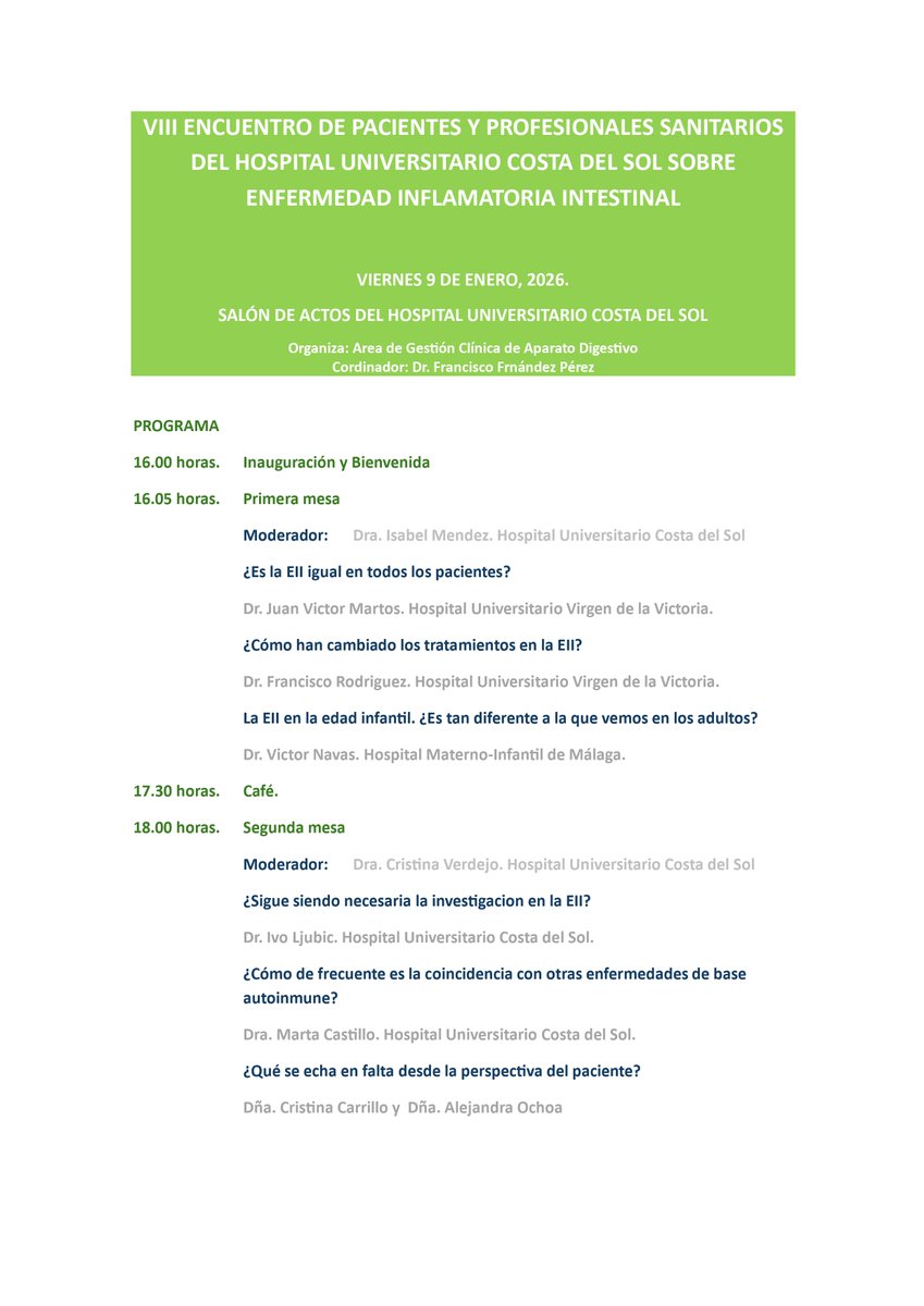 accumalaga's tweet photo. VIII Encuentro de pacientes con Enfermedad Inflamatoria Intestinal y profesionales sanitarios en el @ASCostadelSol
🕓Viernes 9, a partir de las 16h.
📍Salón de actos del Hospital Universitario Costa del Sol, Marbella.
🎟️Entrada gratuita.
#VisibilidadEII #HaciendoACCU #Málaga https://t.co/48wehbszIC