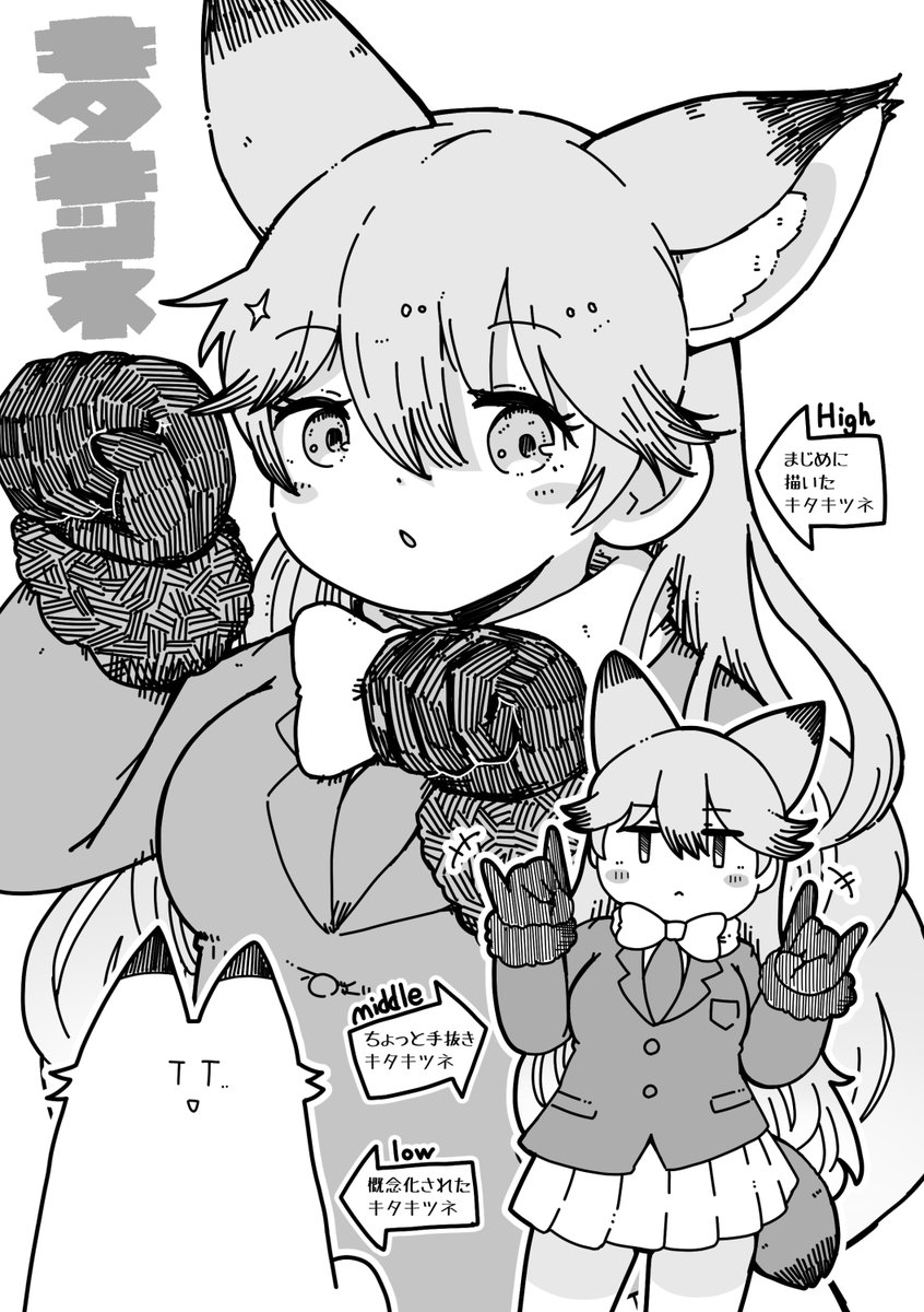 まじめに描いたときと手抜きすぎて概念化されたときのキタキツネ 