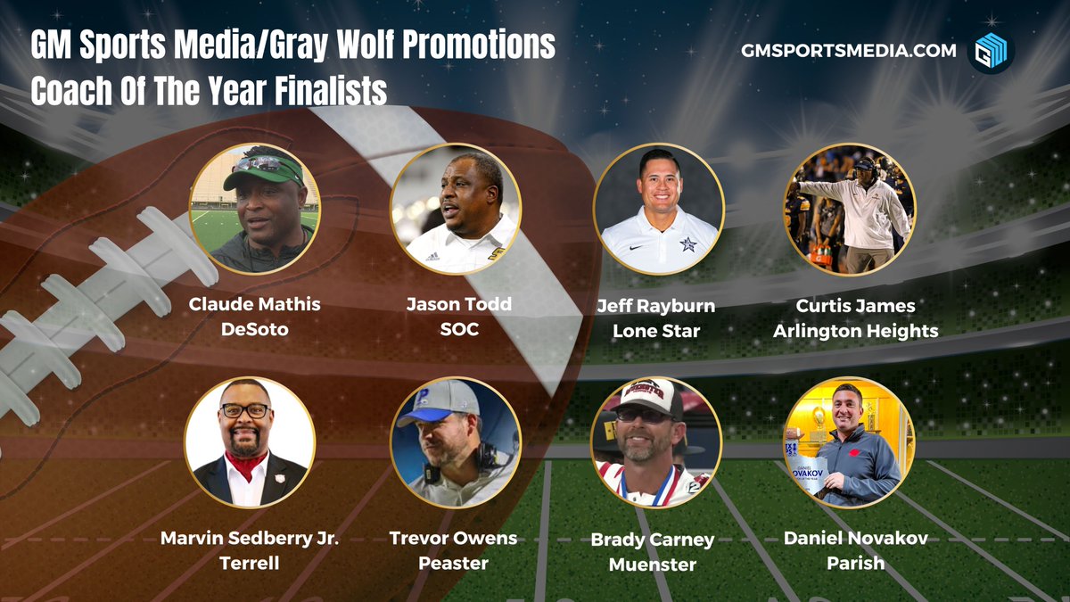 2025 DFW FOOTBALL ALL-AREA
COACH OF THE YEAR FINALISTS  
Powered By Gray Wolf Promotions

Claude Mathis: 3rd 6A D2 title in 4 years
Jason Todd: 3rd 5A D2 title in 5 years
Jeff Rayburn: 15-1 record, 5A D1 runner-up
Curtis James: Heights went Rd 3, 1st time since '73
Marvin