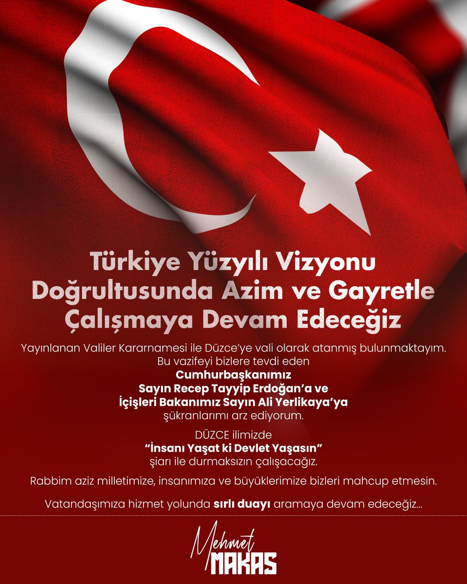 Cumhurbaşkanımız Sn. <a href="/RTErdogan/">Recep Tayyip Erdoğan</a> ve
İçişleri Bakanımız Sn. <a href="/AliYerlikaya/">Ali Yerlikaya</a>’nın
tensipleriyle şahsıma tevdi edilen Düzce
Valiliği görevi dolayısıyla şükranlarımı
arz ediyorum.

Düzce’mizde Sırlı Duanın Peşinde
“İnsanı Yaşat ki Devlet Yaşasın” şiarıyla
durmaksızın çalışacağız.🤲🇹🇷🇹🇷🇹🇷